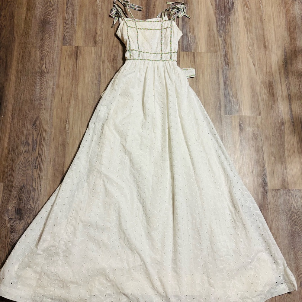 Vintage Phase II 1970s Eyelet Lace Maxi Dress, Floral Spaghetti Straps. - Picture 2 of 5